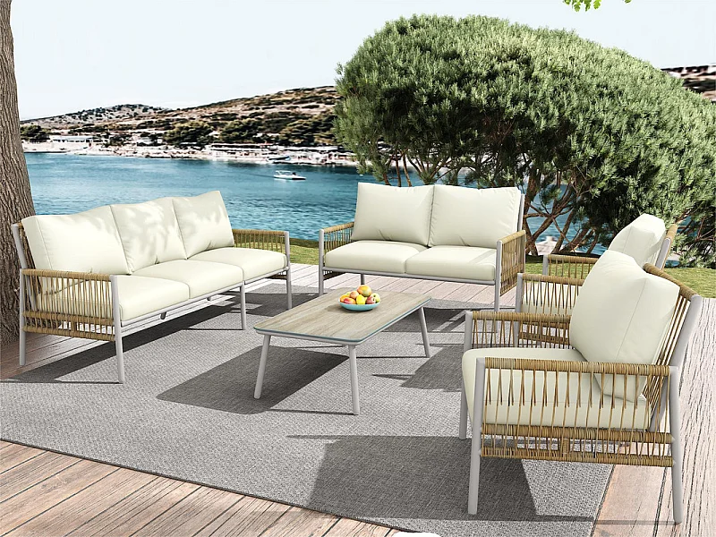 Salon de jardin 7 places - 2 canapés, 2 fauteuils et 1 table basse - structure en Acier galvanisé et Rotin PE - avec coussins amovibles et lavables - Beige