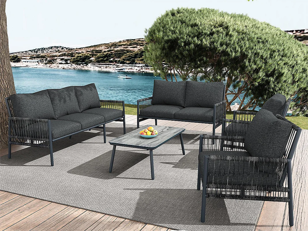 7-Sitzer-Gartenmöbel – 2 Sofas, 2 Sessel und 1 Couchtisch – Struktur aus verzinktem Stahl und PE-Rattan – mit abnehmbaren und waschbaren Kissen – Grau