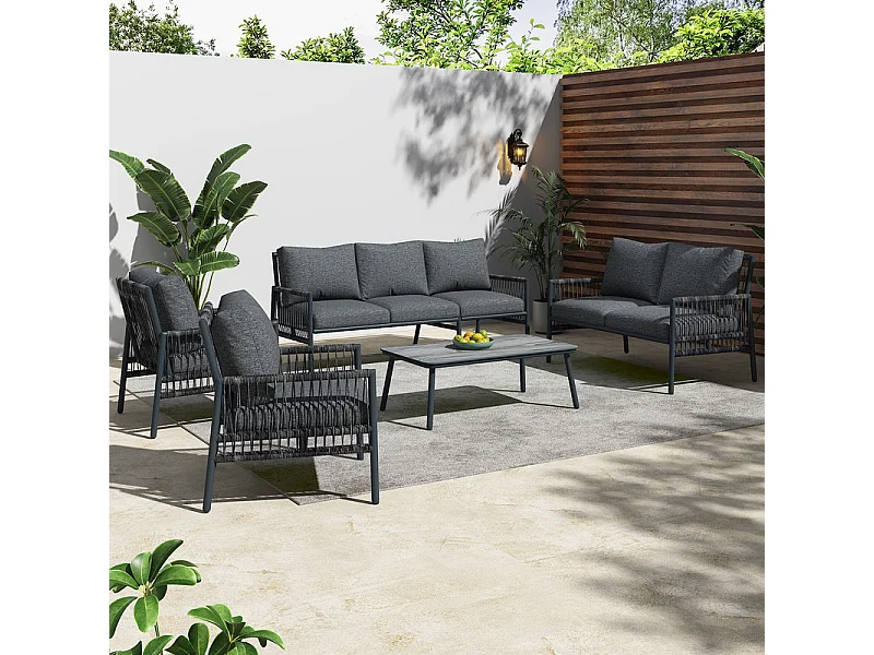 7-Sitzer-Gartenmöbel – 2 Sofas, 2 Sessel und 1 Couchtisch – Struktur aus verzinktem Stahl und PE-Rattan – mit abnehmbaren und waschbaren Kissen – Grau