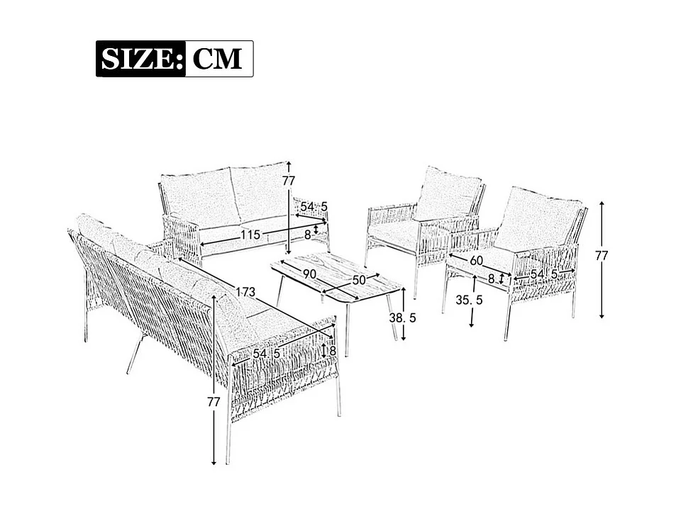 7-Sitzer-Gartenmöbel – 2 Sofas, 2 Sessel und 1 Couchtisch – Struktur aus verzinktem Stahl und PE-Rattan – mit abnehmbaren und waschbaren Kissen – Grau