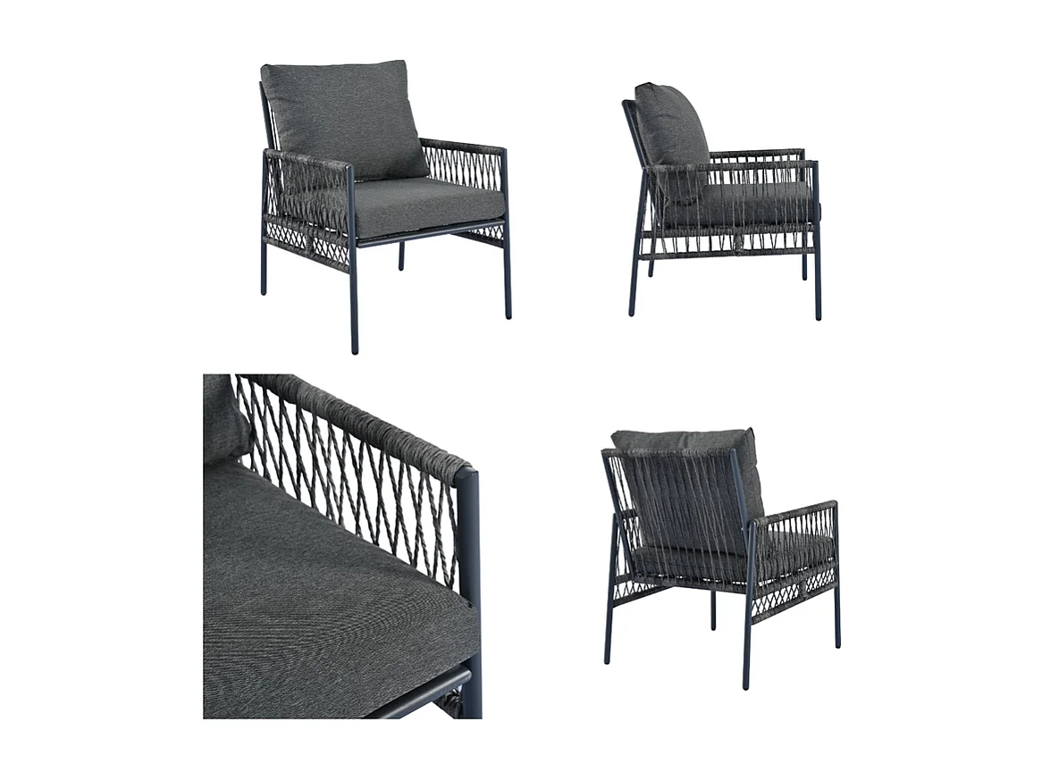 7-Sitzer-Gartenmöbel – 2 Sofas, 2 Sessel und 1 Couchtisch – Struktur aus verzinktem Stahl und PE-Rattan – mit abnehmbaren und waschbaren Kissen – Grau
