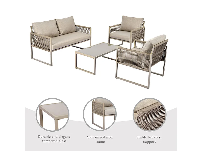 Salon de jardin en Fer galvanisé - 1 canapé 2 fauteuils et 1 table basse en verre - décoré de Corde - Taupe