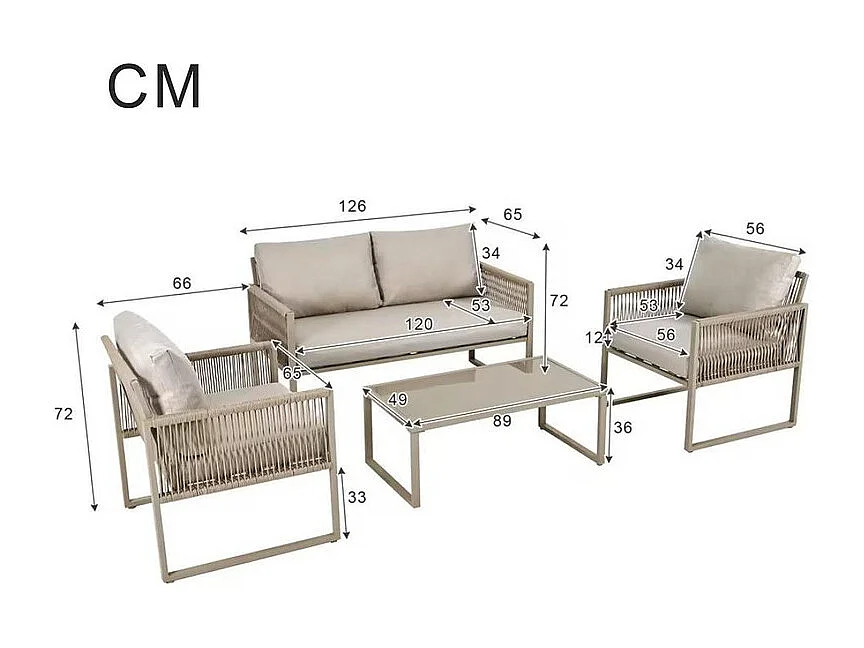 Salon de jardin en Fer galvanisé - 1 canapé 2 fauteuils et 1 table basse en verre - décoré de Corde - Taupe