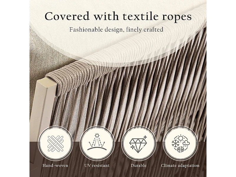 Salon de jardin en Fer galvanisé - 1 canapé 2 fauteuils et 1 table basse en verre - décoré de Corde - Taupe