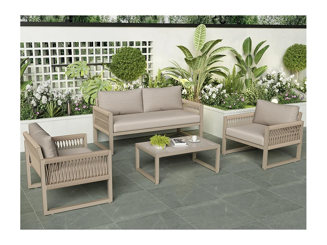 Salon de jardin en Fer galvanisé - 1 canapé 2 fauteuils et 1 table basse en verre - décoré de Corde - Taupe