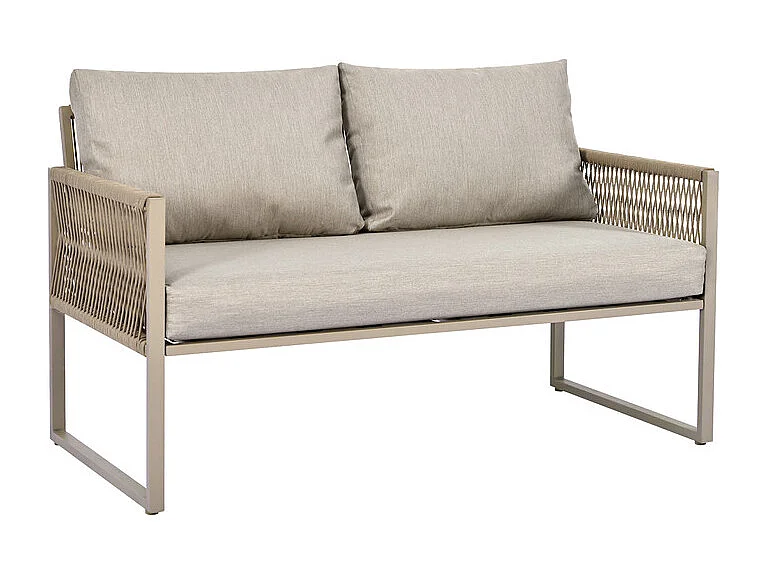 Salon de jardin en Fer galvanisé - 1 canapé 2 fauteuils et 1 table basse en verre - décoré de Corde - Taupe