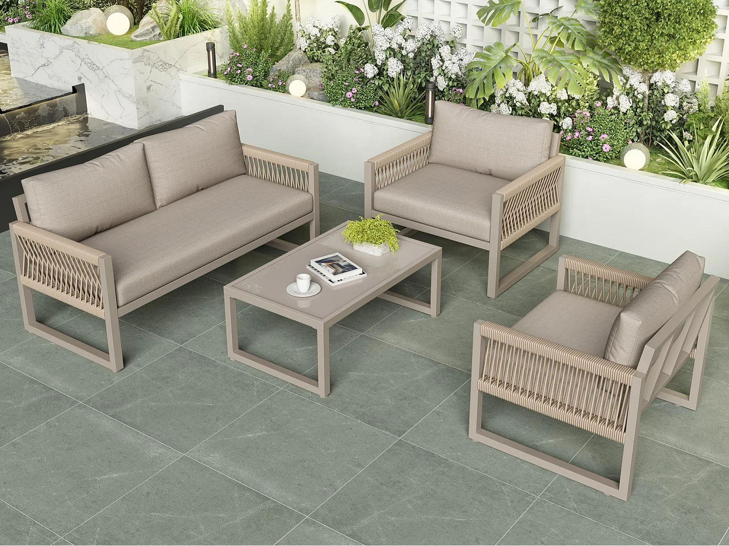 Conjunto de sofá de jardim em Ferro galvanizado - 1 canapé, 2 poltronas e 1 mesa de centro em vidro - decorado com Corda - Taupe