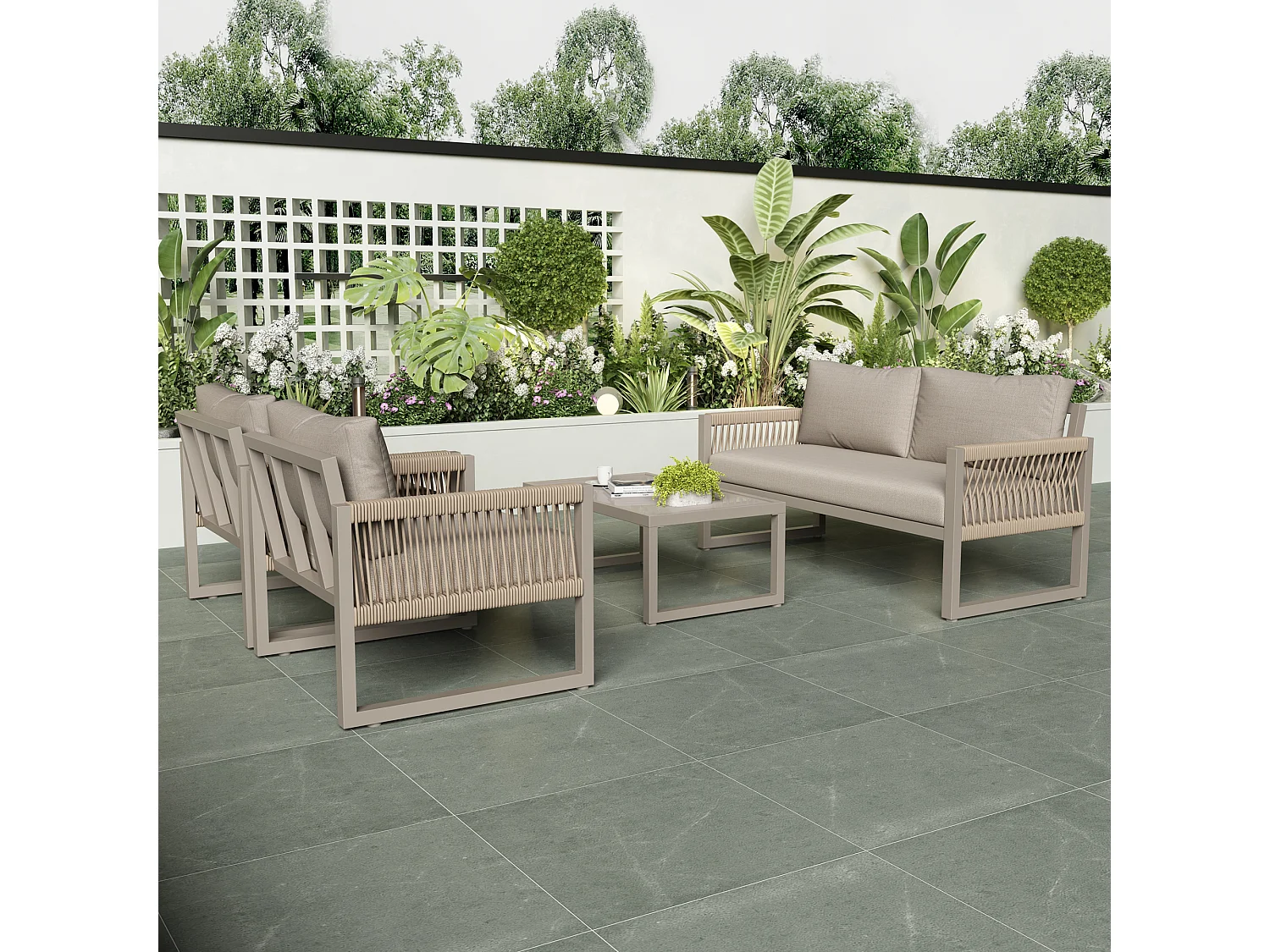 Conjunto de sofá de jardim em Ferro galvanizado - 1 canapé, 2 poltronas e 1 mesa de centro em vidro - decorado com Corda - Taupe