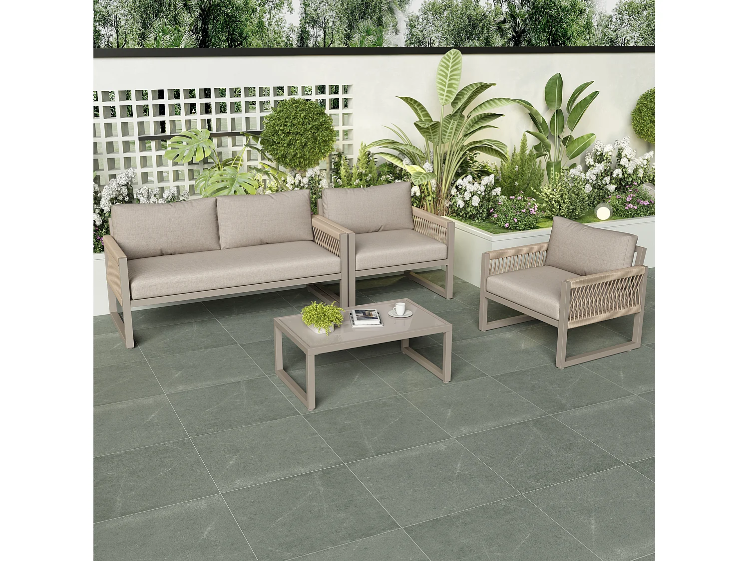 Conjunto de sofá de jardim em Ferro galvanizado - 1 canapé, 2 poltronas e 1 mesa de centro em vidro - decorado com Corda - Taupe