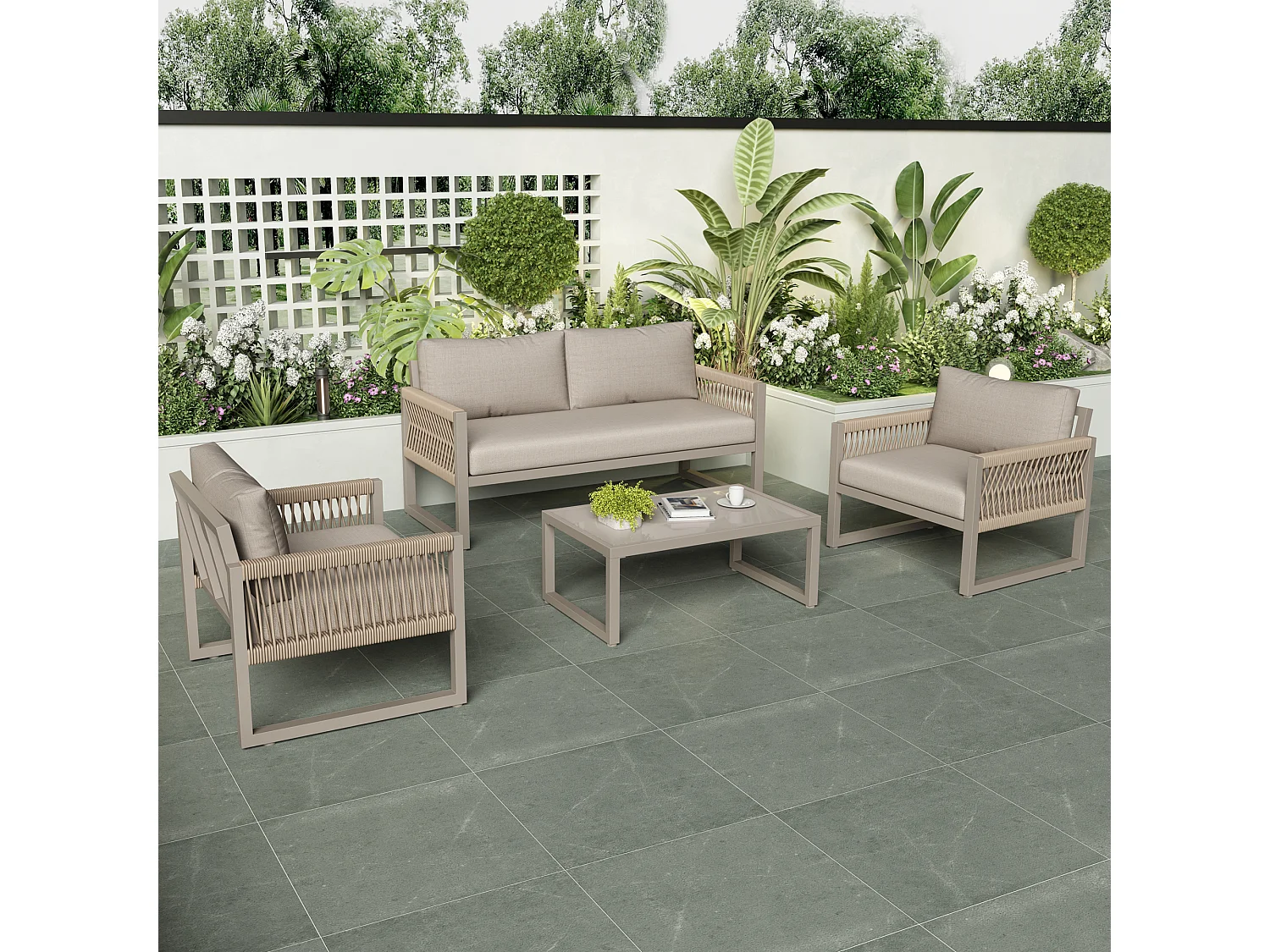 Conjunto de sofá de jardim em Ferro galvanizado - 1 canapé, 2 poltronas e 1 mesa de centro em vidro - decorado com Corda - Taupe