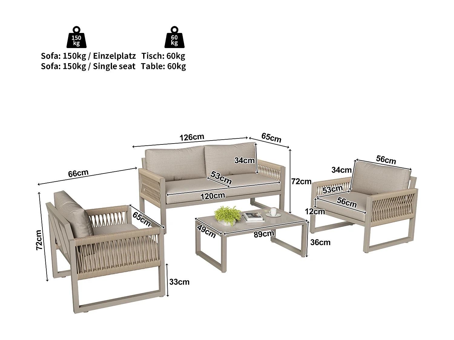 Conjunto de sofá de jardim em Ferro galvanizado - 1 canapé, 2 poltronas e 1 mesa de centro em vidro - decorado com Corda - Taupe