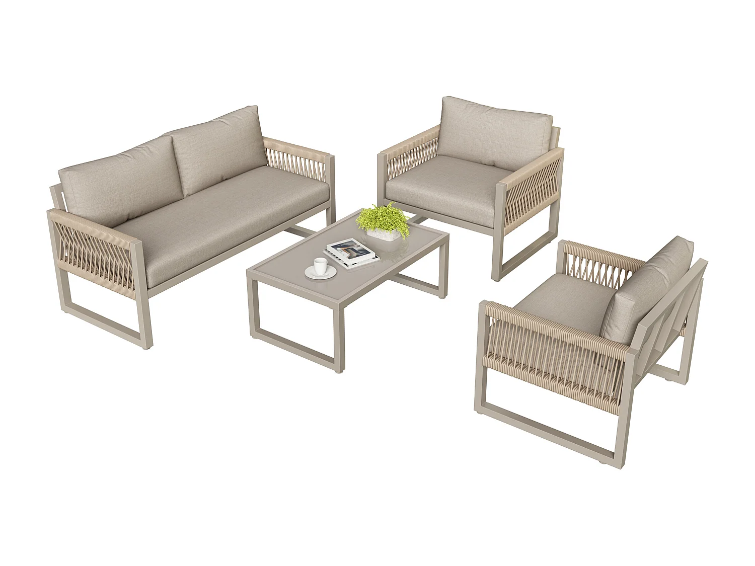 Conjunto de sofá de jardim em Ferro galvanizado - 1 canapé, 2 poltronas e 1 mesa de centro em vidro - decorado com Corda - Taupe