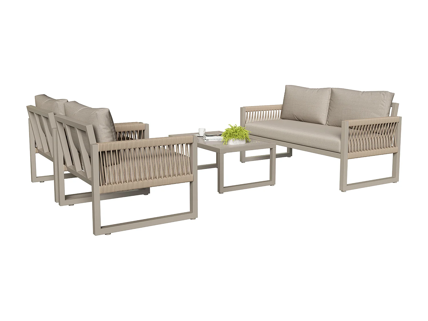 Conjunto de sofá de jardim em Ferro galvanizado - 1 canapé, 2 poltronas e 1 mesa de centro em vidro - decorado com Corda - Taupe