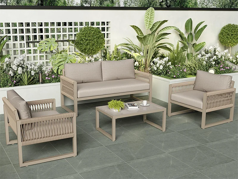 Gegalvaniseerd ijzeren tuinmeubel - 1 bank, 2 fauteuils en 1 glazen salontafel - versierd met touw - Taupe