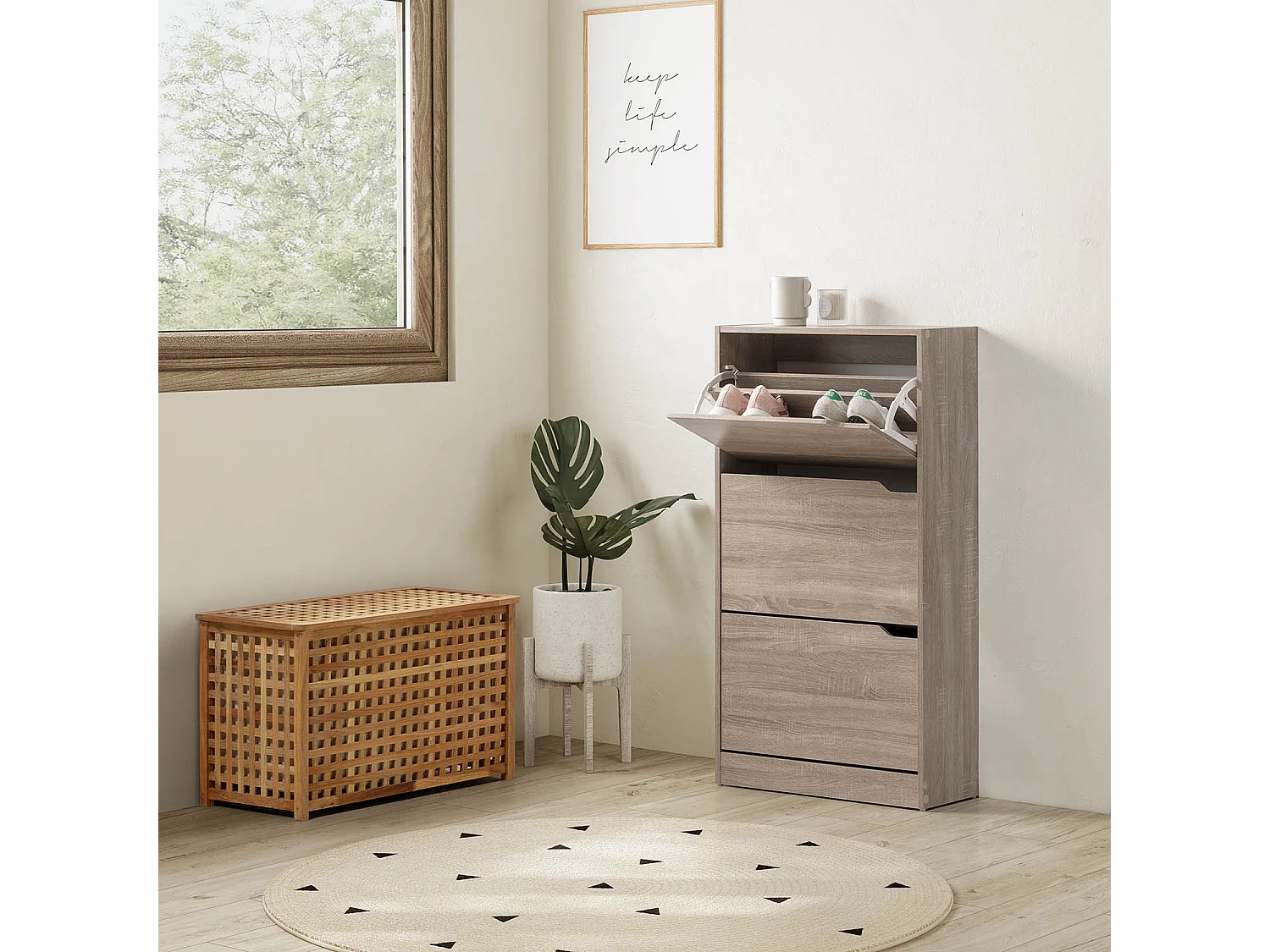 Schuhregal Angel, 3 Türen, Eichenfarben, für 18 Paar