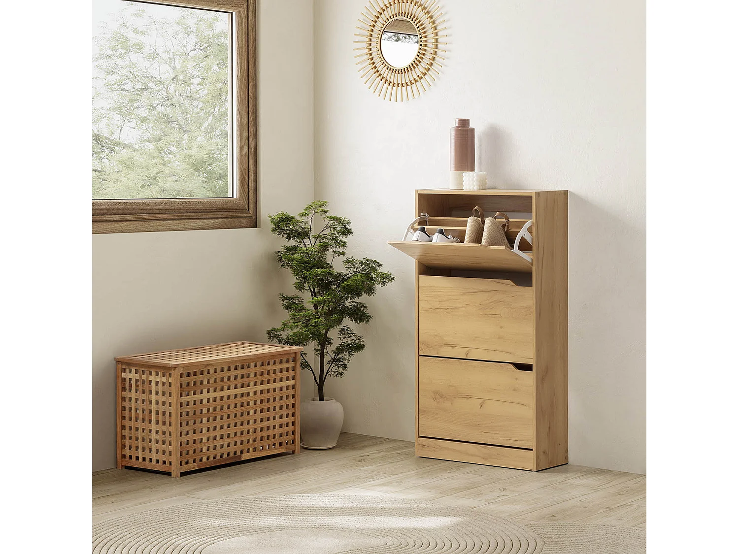 Mueble Zapatero Ángel 3 Puertas Color Roble Claro, para 18 Pares