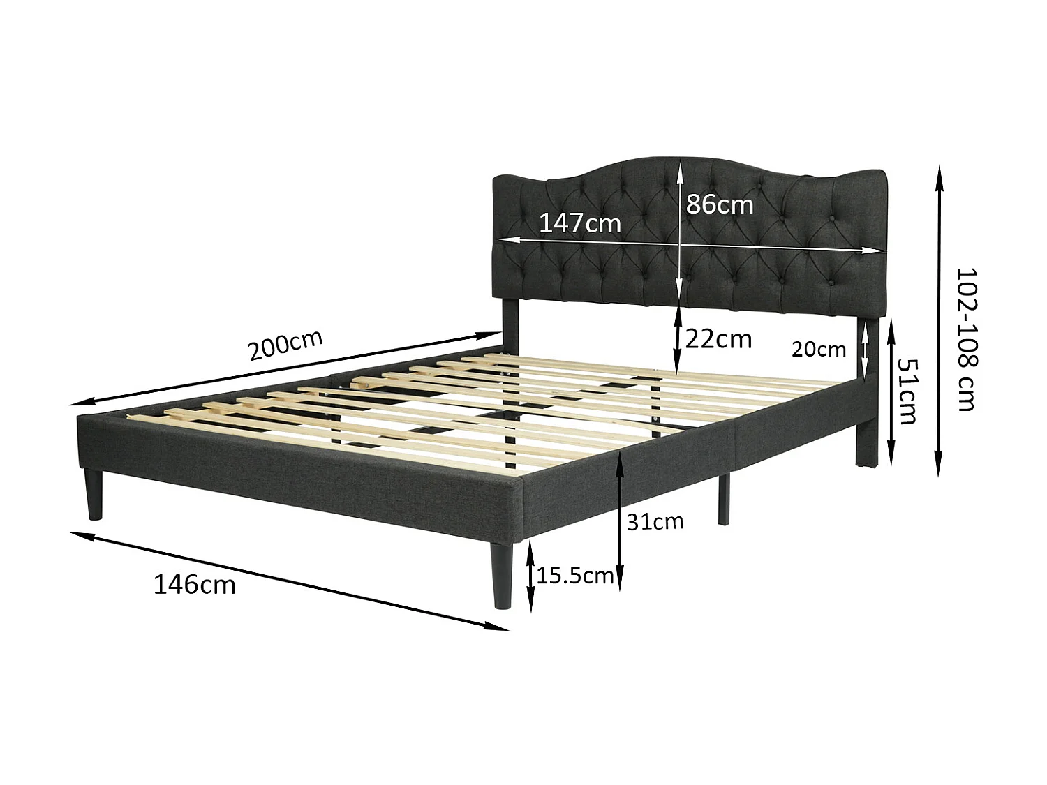 Lit double 140x190cm sans matelas sans rangement
