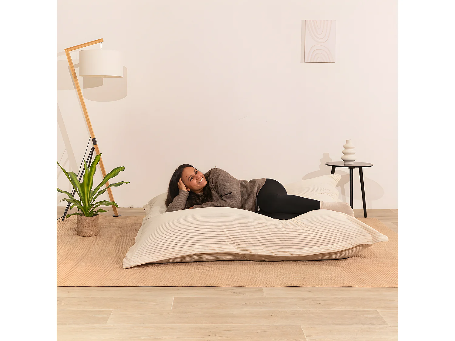 Pouf velours côtelé déhoussable blanc cassé 180 x 140 cm