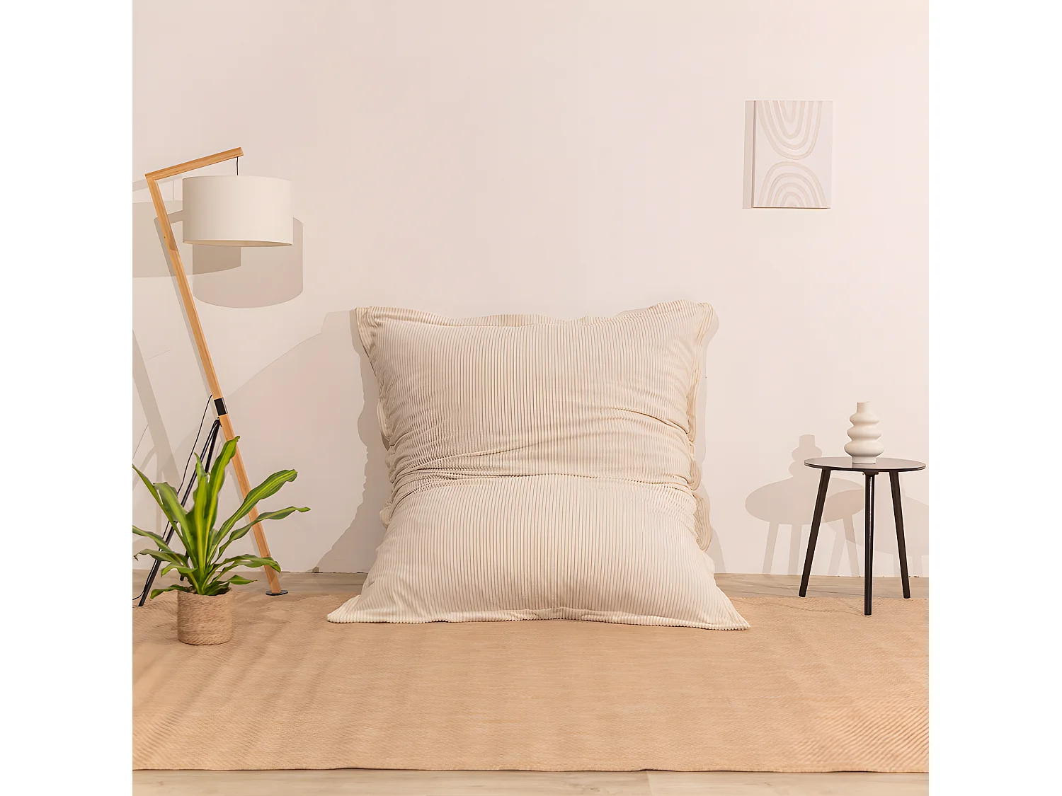 Pouf velours côtelé déhoussable blanc cassé 180 x 140 cm