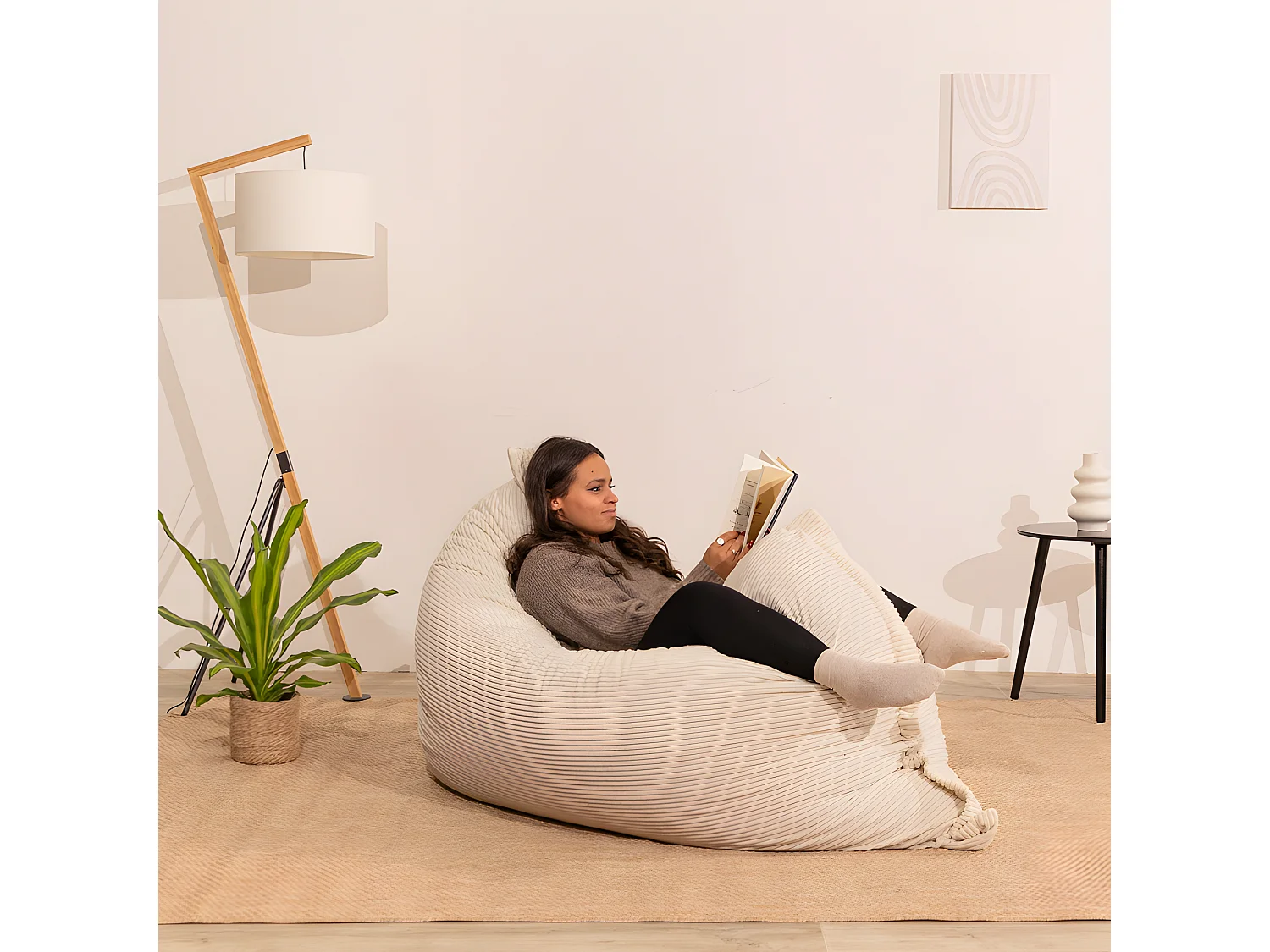 Pouf velours côtelé déhoussable blanc cassé 180 x 140 cm