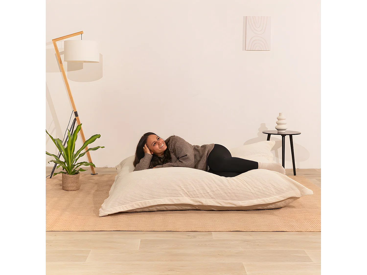 Pouf velours côtelé déhoussable blanc cassé 180 x 140 cm