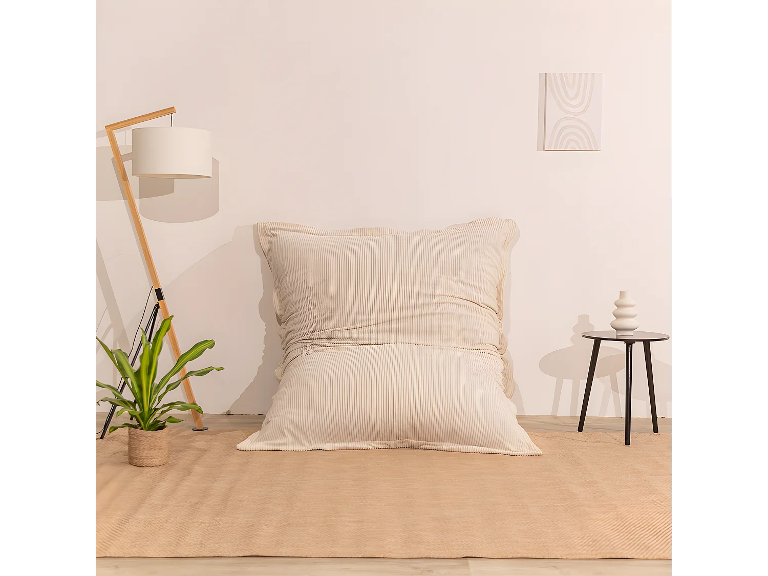 Pouf velours côtelé déhoussable blanc cassé 180 x 140 cm