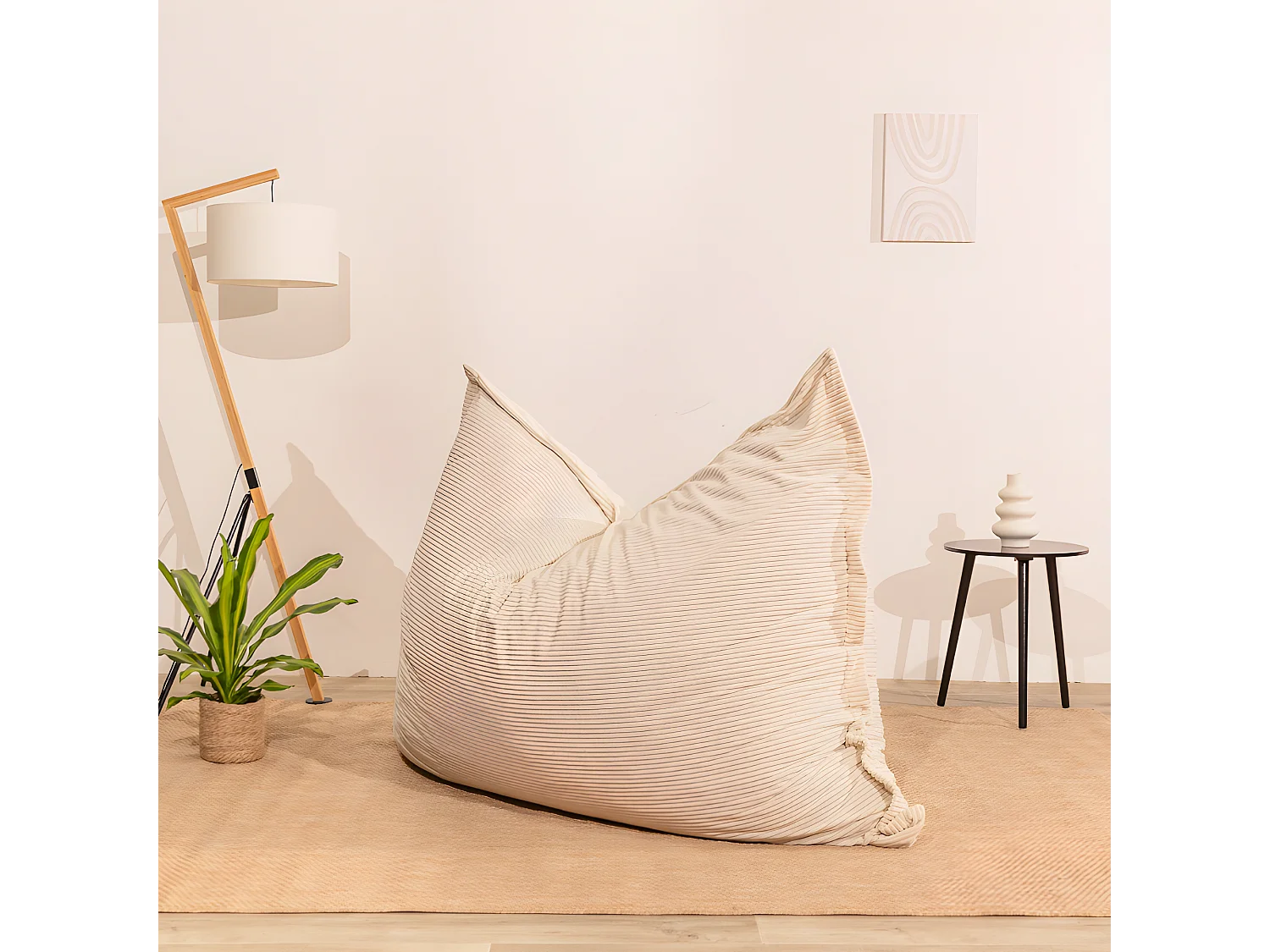 Pouf velours côtelé déhoussable blanc cassé 180 x 140 cm