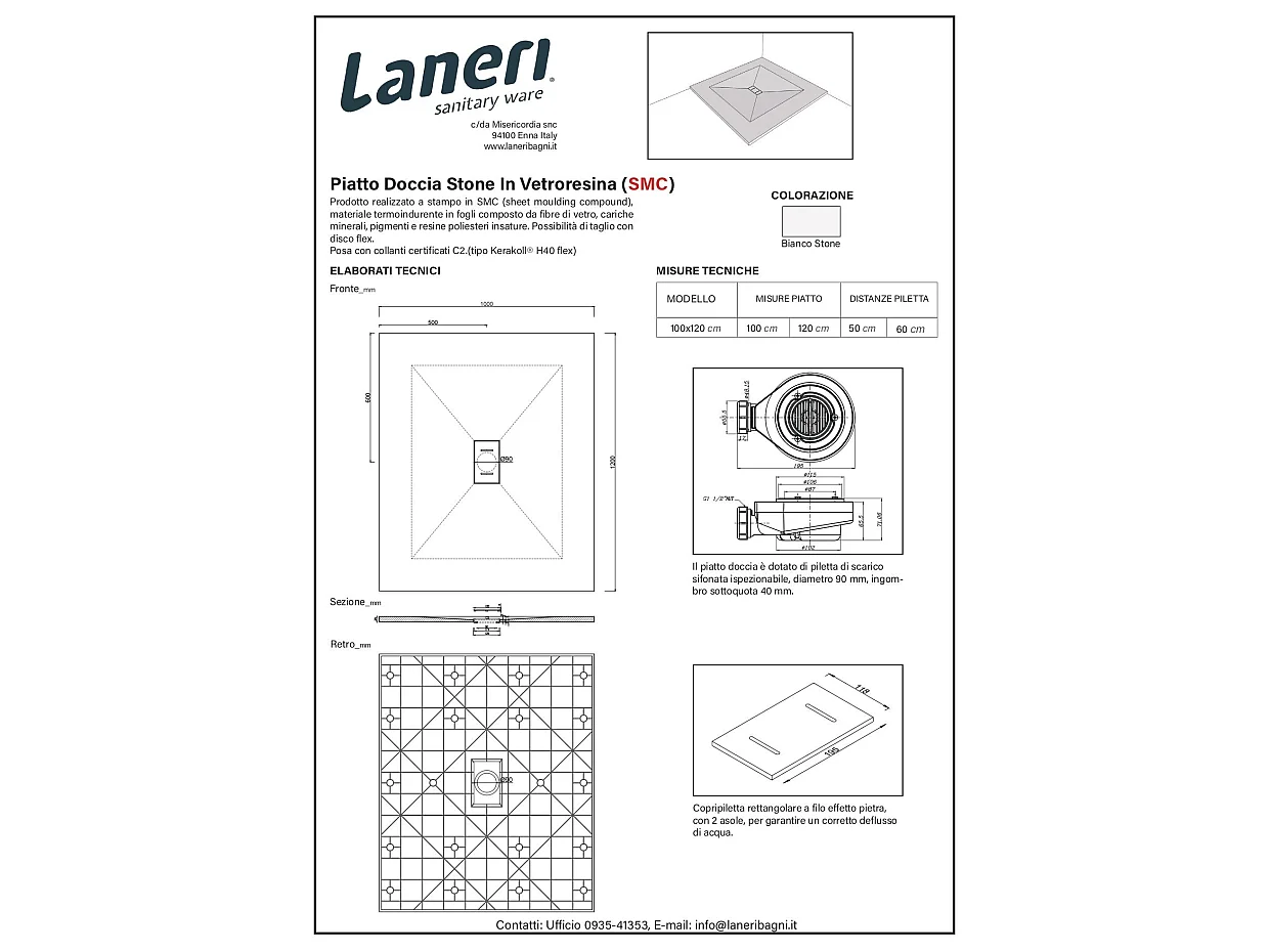 Piatto Doccia In Smc Vetroresina Effetto Pietra H 2,6 Cm Con Piletta Di Scarico Inclusa 100-120 Bianco