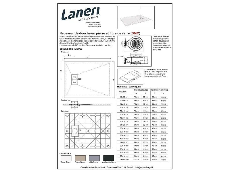 Receveur de douche  SMC en fibre de verre effet pierre avec bonde inclus H. 2,6 cm 90 x 180 Gris