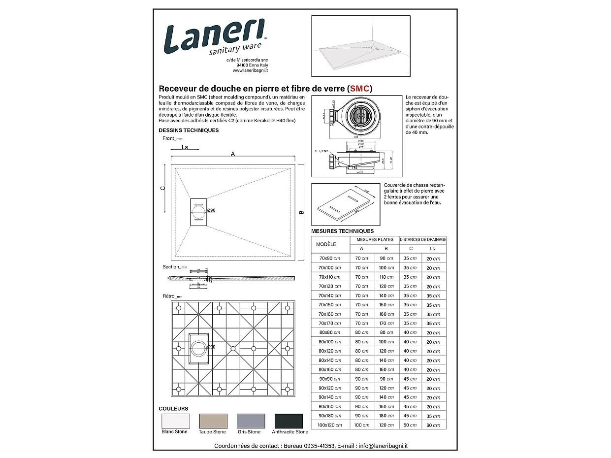Piatto Doccia In Smc Vetroresina Effetto Pietra H 2,6 Cm Con Piletta Di Scarico Inclusa 80-100 Bianco