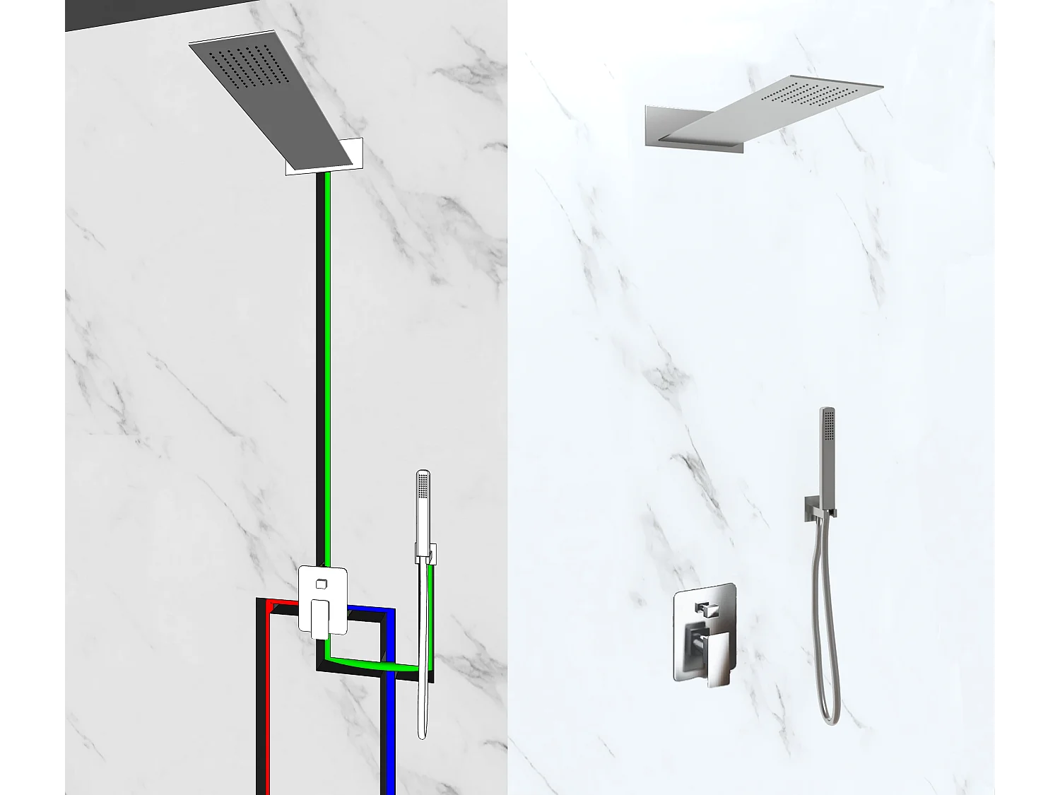 Kit Doccia 2 Vie Soffione Acciaio Inox Slim 2,5 mm + Presa Acqua + Flessibile + Doccino Soffione Rettangolare 55x23 cm