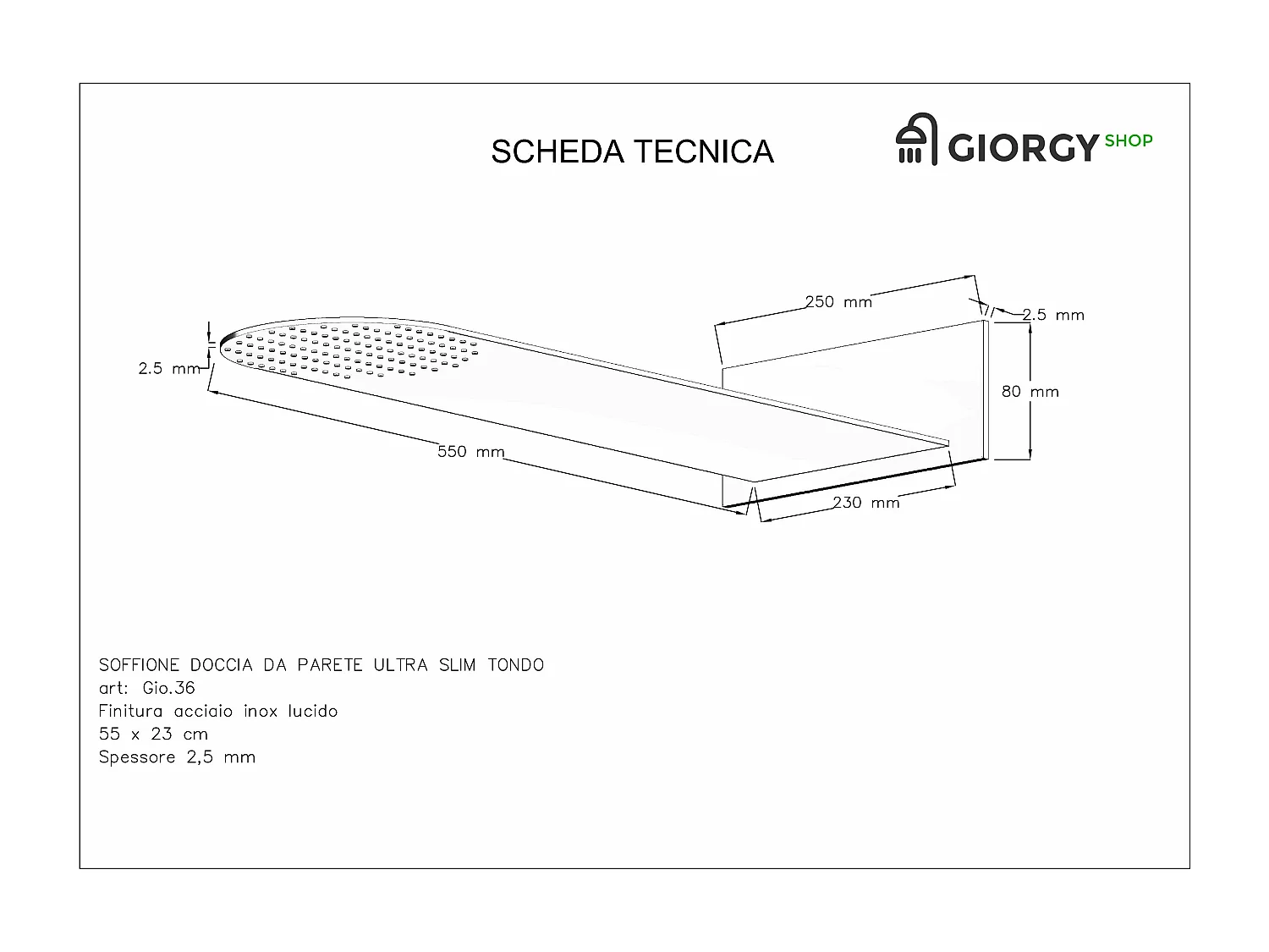 Kit Doccia 2 Vie Soffione Acciaio Inox Slim 2,5 mm + Presa Acqua + Flessibile + Doccino Soffione Tondo 55x23 cm