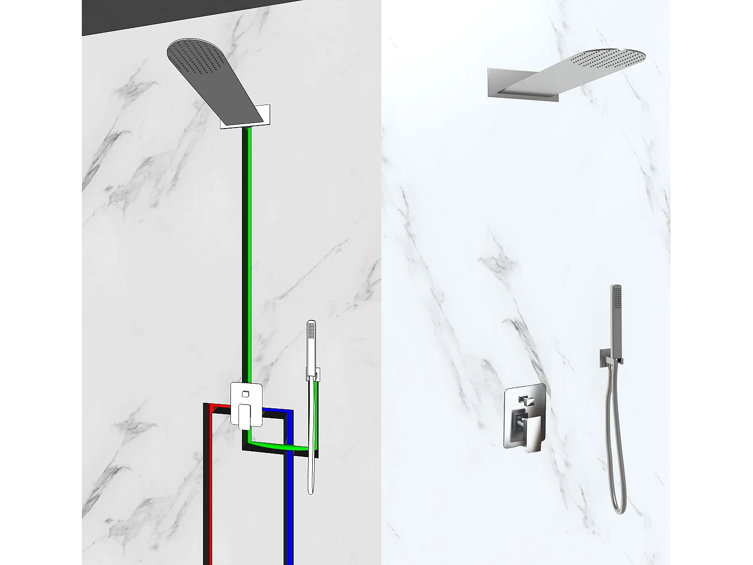 Kit Doccia 2 Vie Soffione Acciaio Inox Slim 2,5 mm + Presa Acqua + Flessibile + Doccino Soffione Tondo 55x23 cm