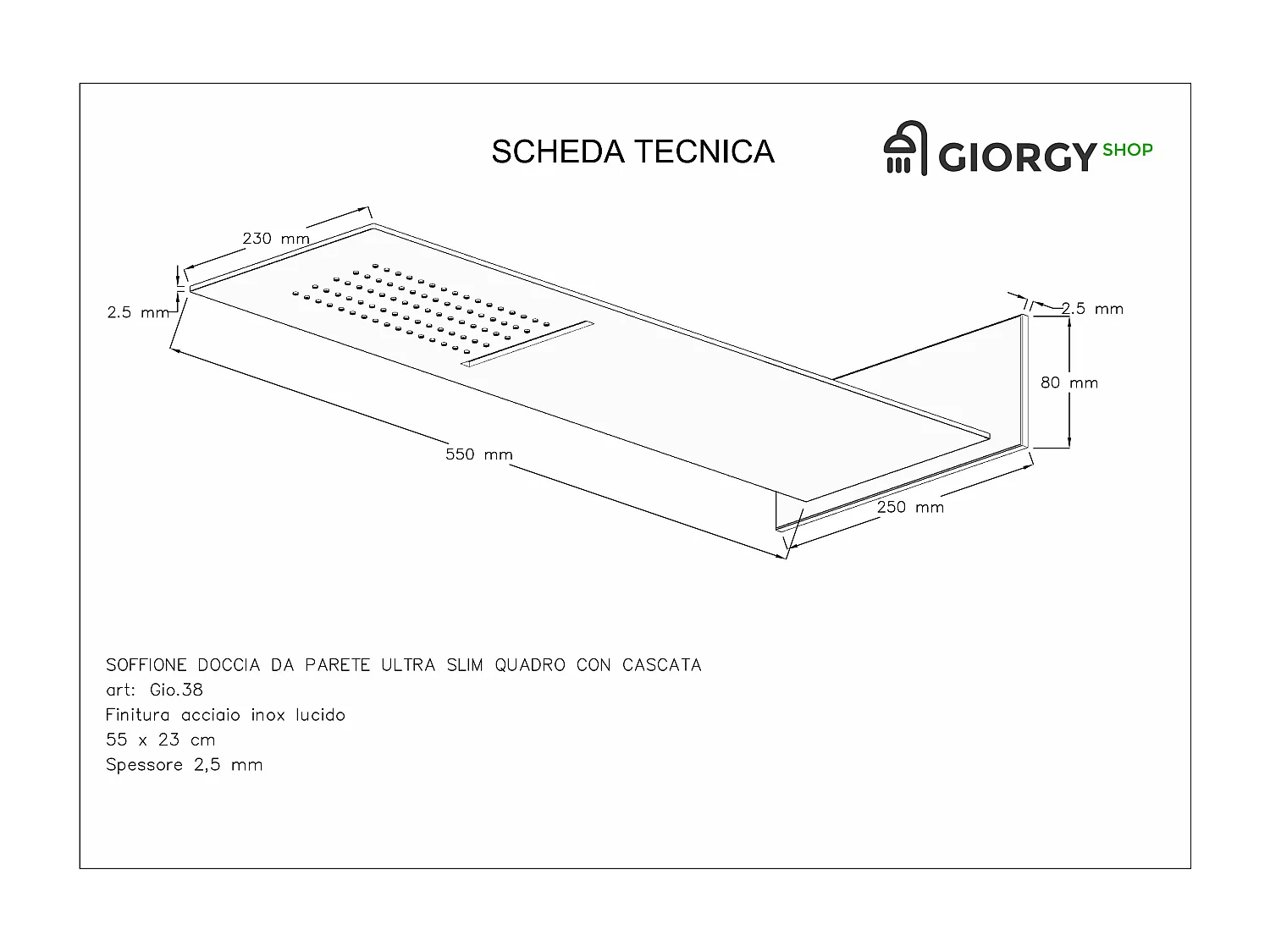 Kit Doccia 3 Vie Soffione Rettangolare Acciaio Inox 55x23 cm Slim 2,5 mm con Cascata Cervicale + Presa Acqua + Flessibile + Doccino