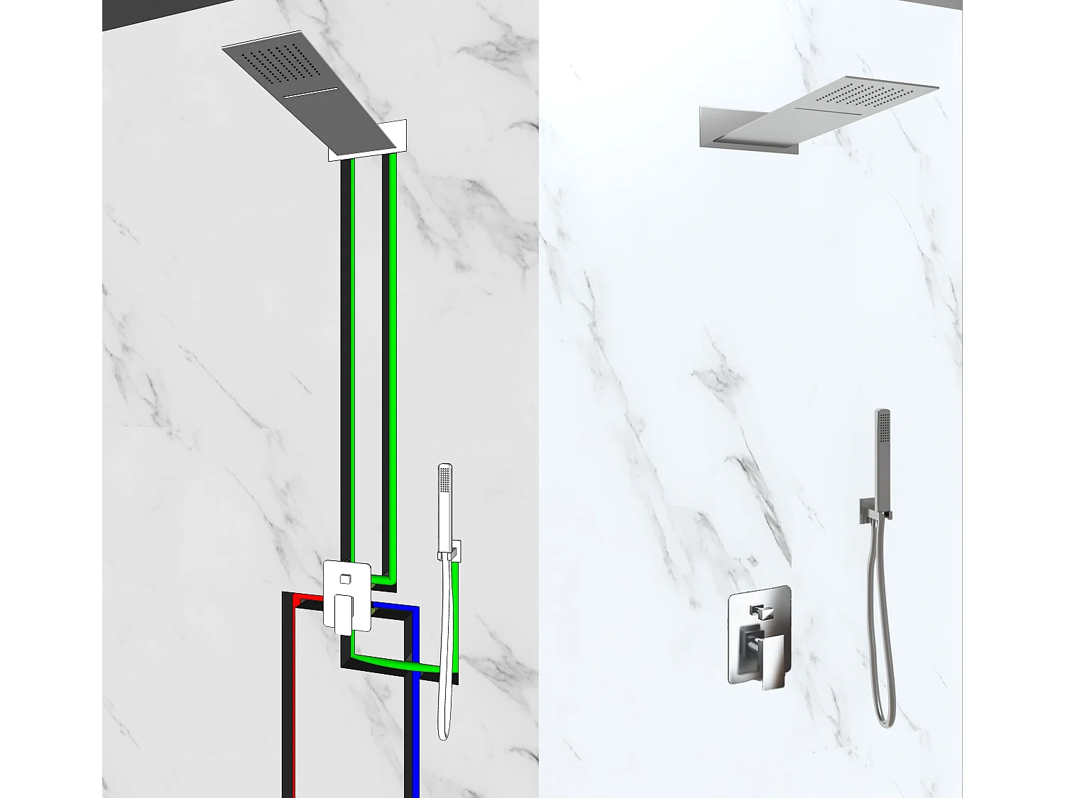 Set pour douche triple fonction modéle slim avec douchette à main, cascade cervical et  pommeau douche rectangulaire –  55x23 cm pommeau douche