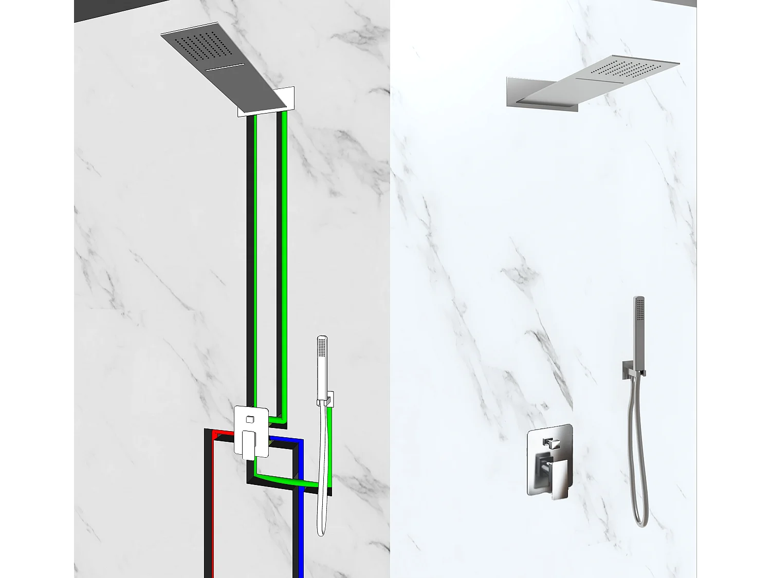 Kit Doccia 3 Vie Soffione Rettangolare Acciaio Inox 55x23 cm Slim 2,5 mm con Cascata Cervicale + Presa Acqua + Flessibile + Doccino