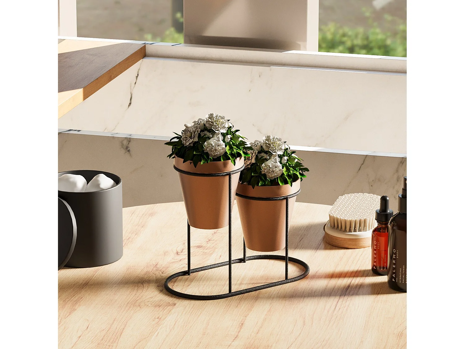 Porte pot à 2 pots Avilan L19xH16cm Métal Noir et Cuivre