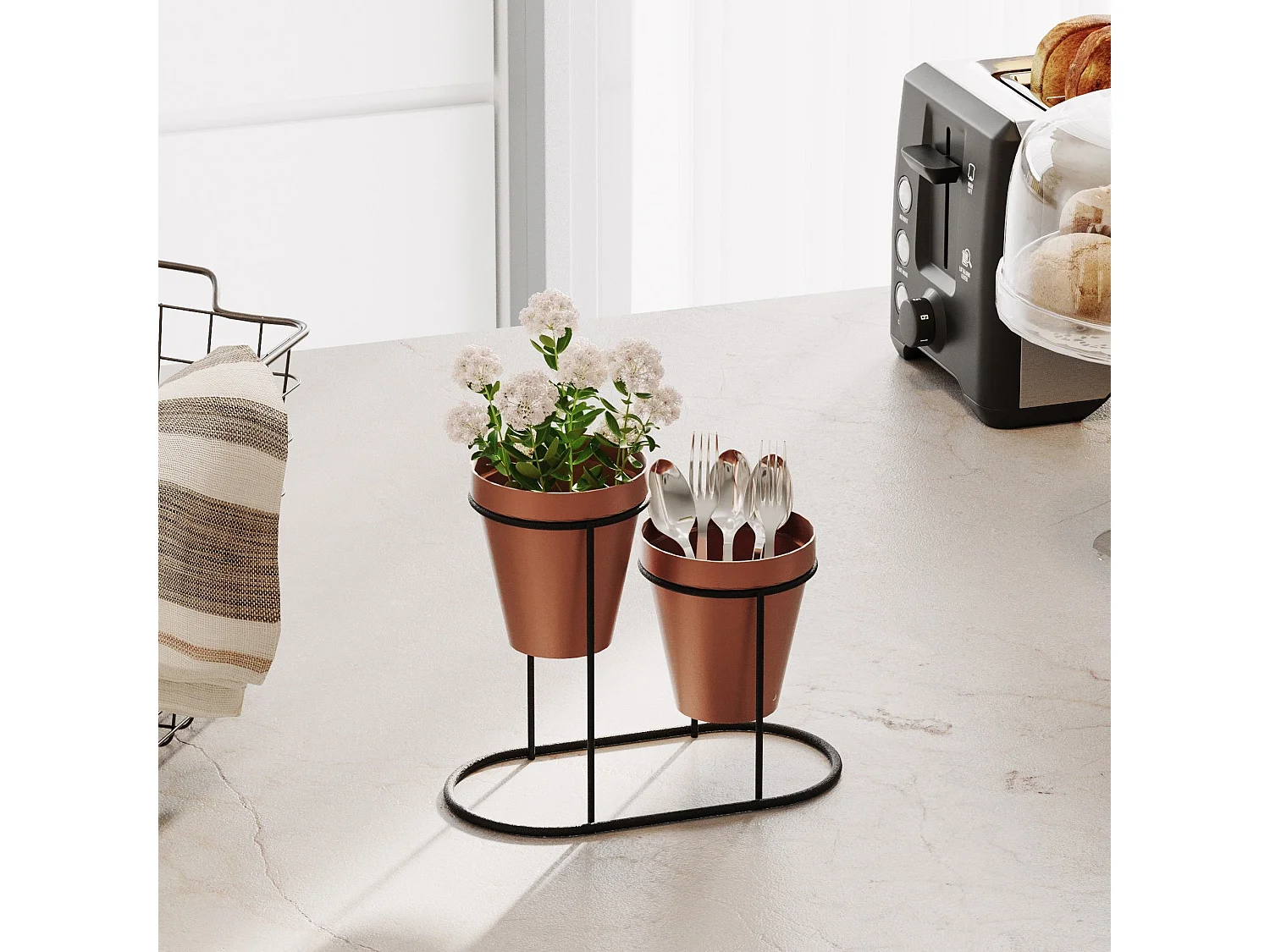 Porte pot à 2 pots Avilan L19xH16cm Métal Noir et Cuivre