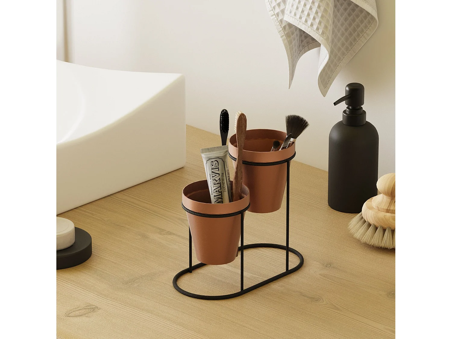 Porte pot à 2 pots Avilan L19xH16cm Métal Noir et Cuivre