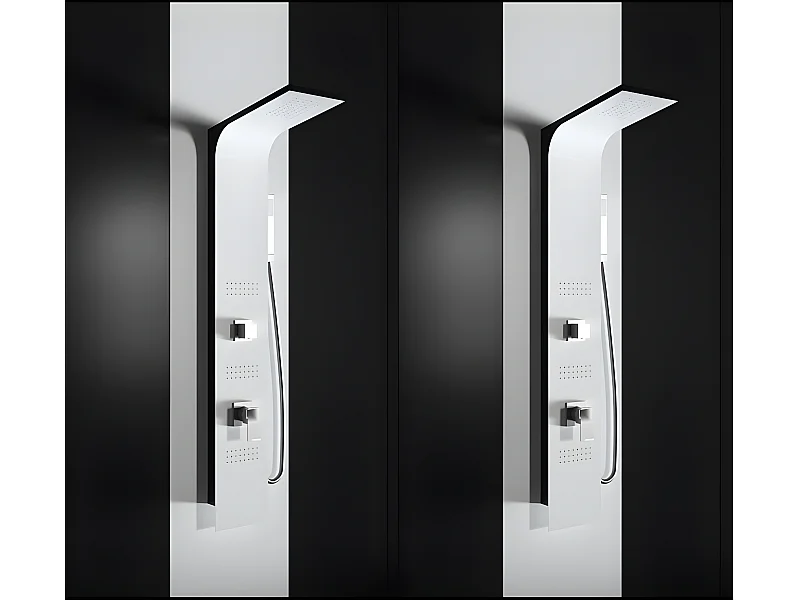 Colonne de douche hydromassage en aluminium  verni en poudre blanche mat (frontal) et noir mat (lateral)
