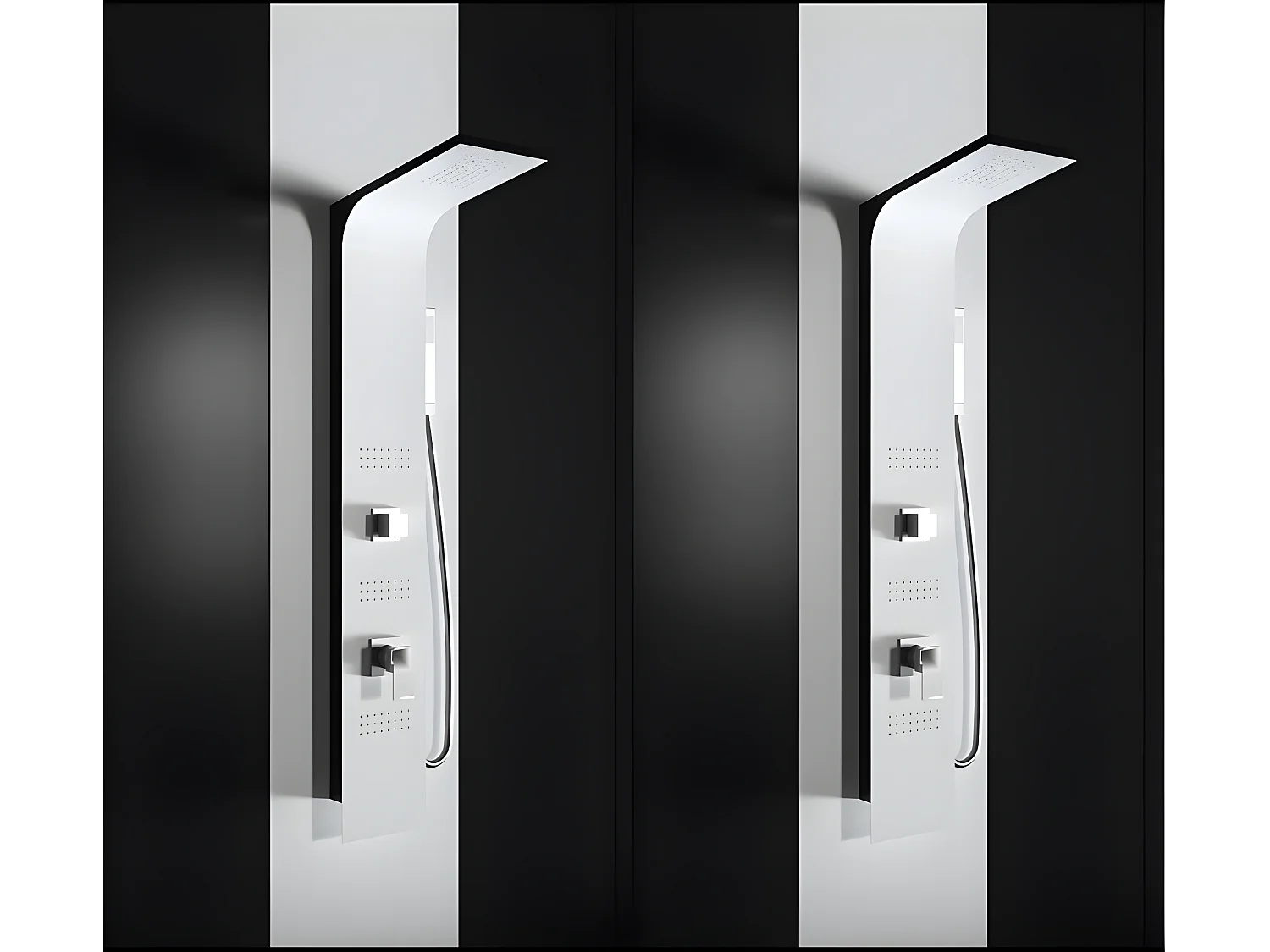 Pannello doccia idromassaggio in alluminio verniciato a polvere finitura bianco opaco (fronte) e nero opaco (fianco)