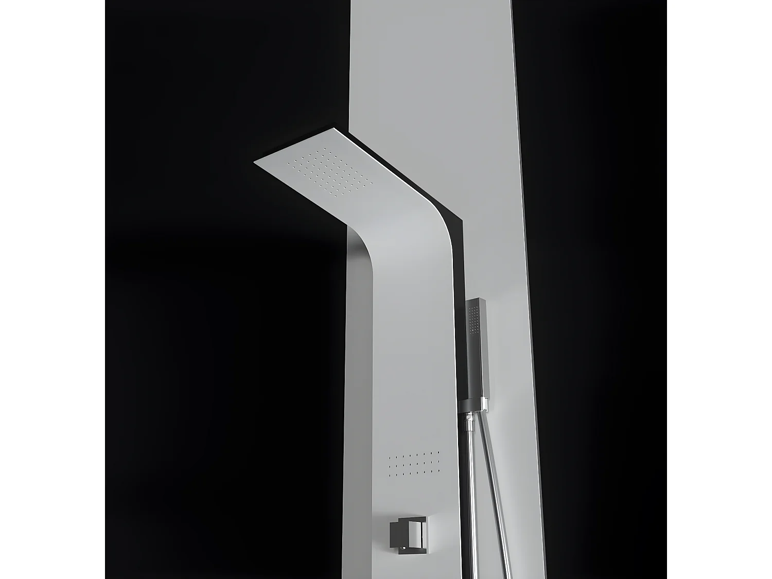 Pannello doccia idromassaggio in alluminio verniciato a polvere finitura bianco opaco (fronte) e nero opaco (fianco)
