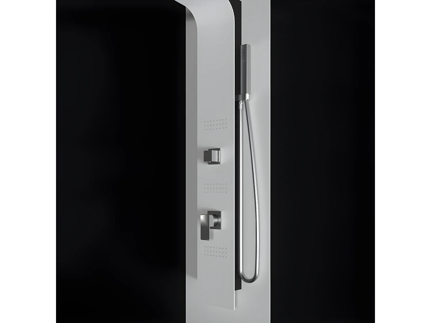 Pannello doccia idromassaggio in alluminio verniciato a polvere finitura bianco opaco (fronte) e nero opaco (fianco)