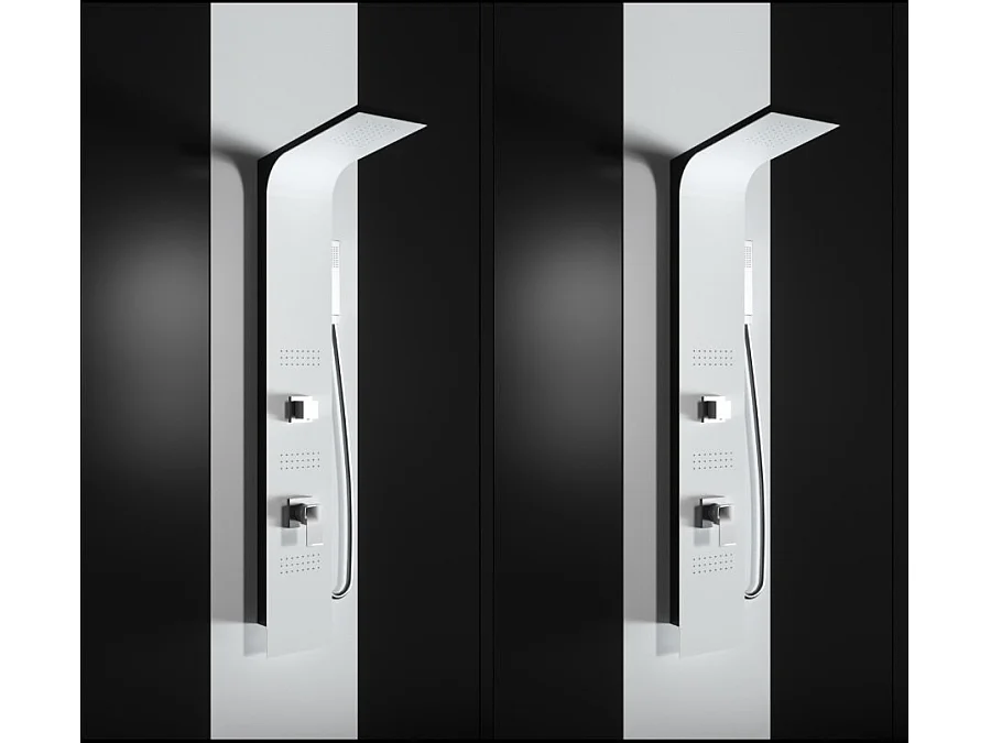 Pannello doccia idromassaggio in alluminio verniciato a polvere finitura bianco opaco (fronte) e nero opaco (fianco)