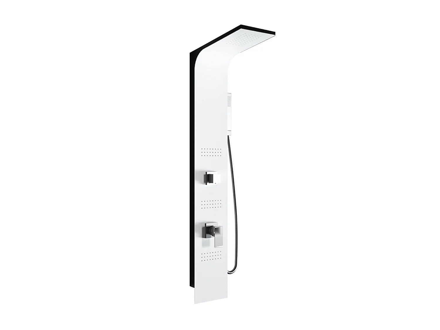 Pannello doccia idromassaggio in alluminio verniciato a polvere finitura bianco opaco (fronte) e nero opaco (fianco)