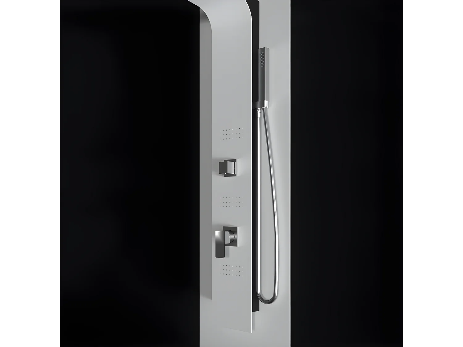 Pannello doccia idromassaggio in alluminio verniciato a polvere finitura bianco opaco (fronte) e nero opaco (fianco)