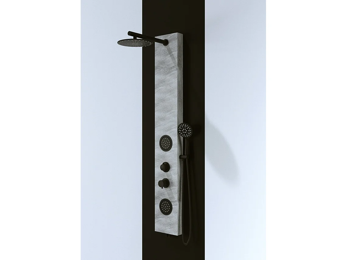 panneau de douche avec robinets noirs, Trois Fonctions en Effect Pierre gris, pommeau douche, douche à main, gets hydromassage, fixages, flexible