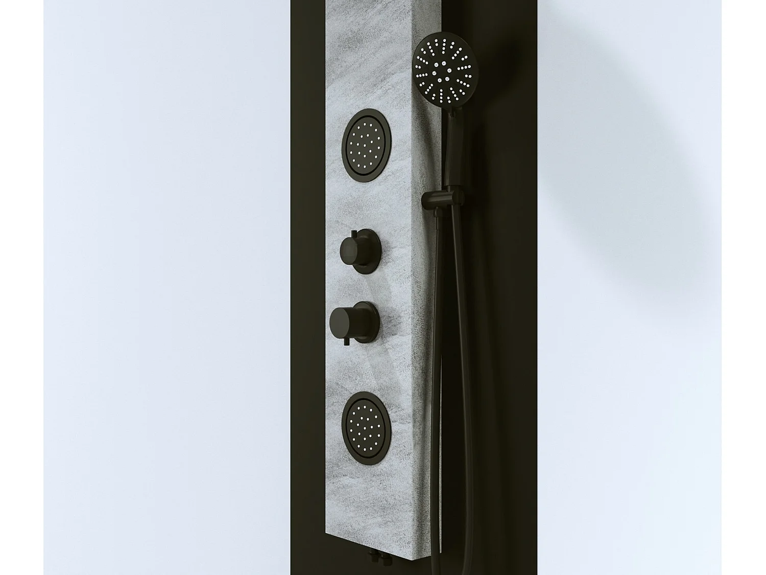 Pannello doccia effetto petra grigio rubinetteria nera idromassaggio frontale e pioggia con doccino e flessibile incluso