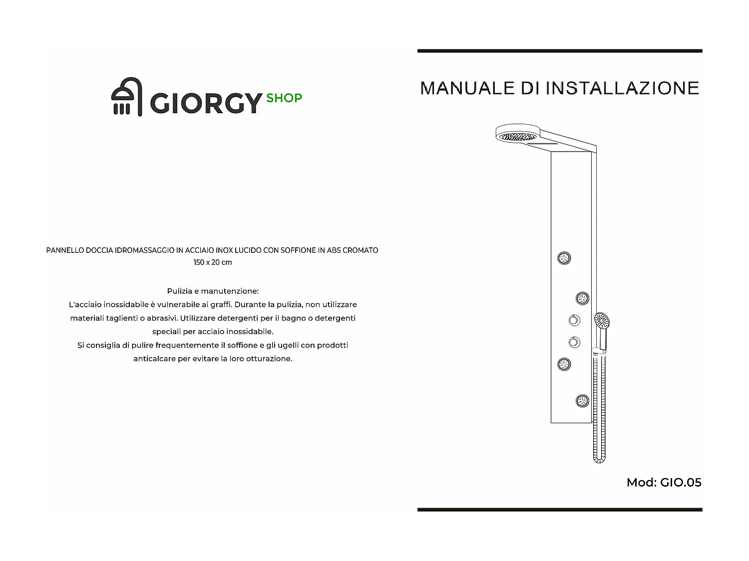 Colonne de douche hydromassage avec quatre fonctions en acier Inox brossé