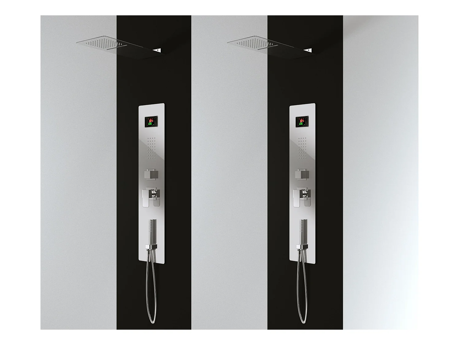 Panneau douche en acier inox avec 4 fonctions, inclu le flexible, la douche à main, les gets hydromassage, la cascade cervicale